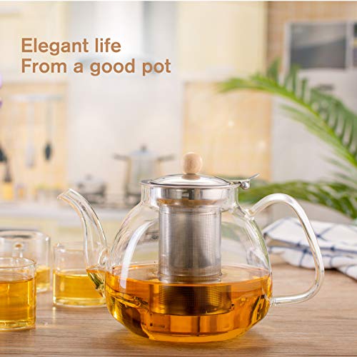 SULIVES Glass Teapot (1000ml) with Removable Stainless Steel Infuser & Lid,Glass Tea Kettle Stovetop Safe, Blooming & Loose Leaf Teapots