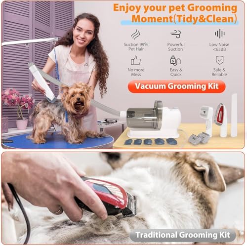 SKY-TOUCH Pet Grooming Kit and Hair Vacuum, 12 in 1 Shedding Grooming Kit, Vacuum Suction 99%, 2L Large Capacity Low Noise Hair Remover Supplies for Dogs & Cats, Professional Grooming Shedding Tools