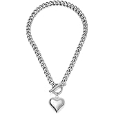 Acierble Stainless Steel Puffy Heart Pendant Statement Chunky Toggle Necklace for Women Thick Statement Chain Link Necklaces