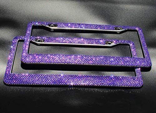 JUSHACHENGTA 8 Rows Handmade Bling Bling Rhinestones Stainless Steel Car License Plate Frame with Screws Caps-2 Pack