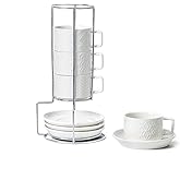 Sureasy 4 Ounce Ceramic Espresso Cups Set of 4 - Stackable Demitasse Cups with Saucers & Metal Stand, Coffee Cups for Latte, Tea, Dishwasher & Oven Safe, White