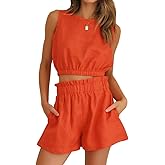 FANCYINN Women Summer 2 Piece Outfits Casual Crop Top Tank Sleeveless and Elastic Waist Pants Short Sets With Pocket