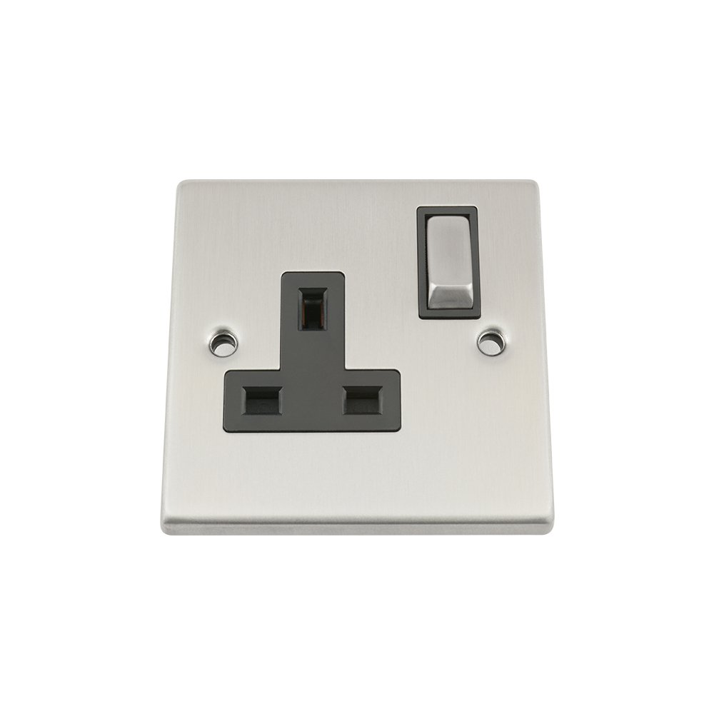 Single Plug Socket 1 Gang - Satin Chrome - Square - Black - Metal Rocker Switch - 13 Amp