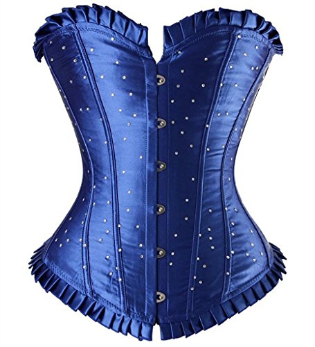Senchanting Plus Size Women Overbust Satin Rhinestone Lace Up Corset Bustier(Blue,5XL)