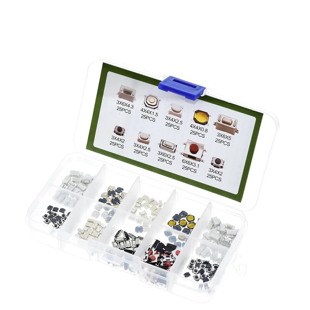 DollaTek 250PCS 10Value Tactile Push Button Switch Micro Momentary Tact Assortment Kit + Plastic Box