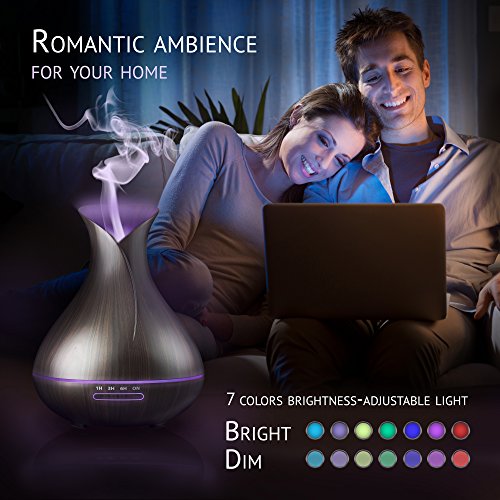 Essential Oil Diffuser 400ML 8h, Ultrasonic Air Humidifier, BPA Free, 7 Color LED Lights Lamp, Auto Shut-off, Black Olive Wood Grain. Cool Mist Machine for Home Office SPA EO Aromatherapy, Aroma Scent