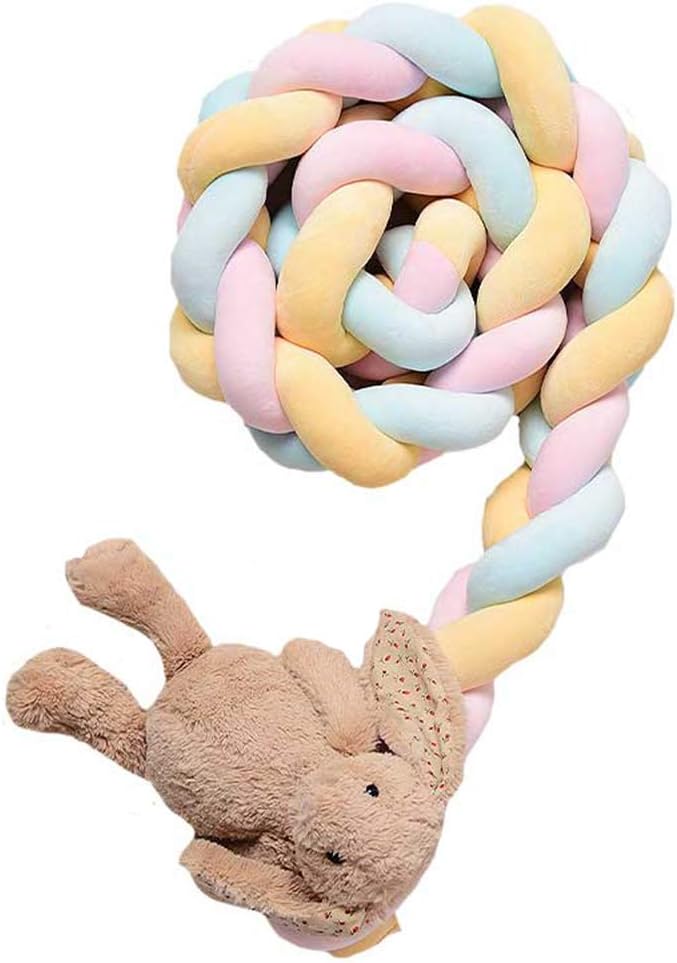 QINGLOU cot Bumper Braid Pillow,Baby Head Guard Bumper Knot Braid Pillow Cushion, Decorative Pillow for Baby Nursery Crib Bedding (Pink + Yellow + Blue, 300cm)