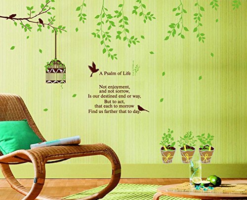 BIBITIME Green Tree Branch Hanging Birdcage with 4 Birds 3 Potted Plants Wall Sticker for Door Window Desk Decor Decals ,DIY Size: 59.06 41.34 IN