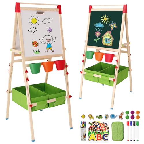 Beauenty Kids Art Easel, Double-Sided Whiteboard & Chalkboard, Wooden Standing Easel with Storage Bins, Includes Magnets, Chalk, Markers, Stickers, 68-120cm Height (Style 1)