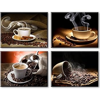 Artisweet Canvas Prints Picture Sensations Framed Waterproof 4-panel l Hot CoffeE Coffee Beans Canvas Art