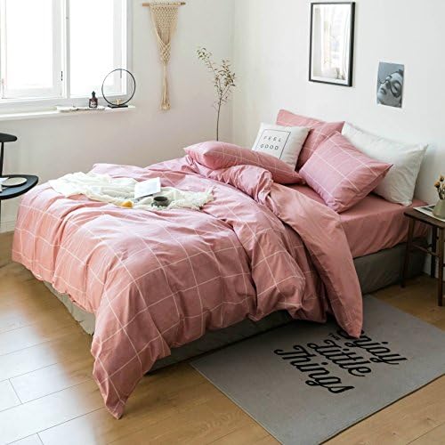 4 Piece 100% Cotton Reversible Solid Duvet Cover Set, Minimalism Simple Style Bedding Sets, Soft, Comfortable, Breathable, Durable - Hotel Quality by Bedream (Check - Pink, Queen)
