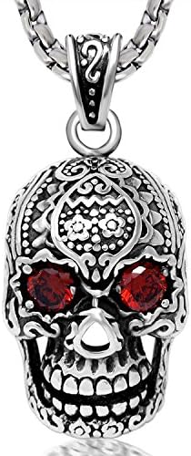 Fatu Fashion Men and Women's Stainless Steel Punk Red-eye Skull Pendant Necklace, Silver, 24 inches Chain