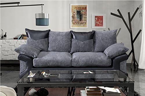 Grande Nuovo Dino Jumbo Cord Fabric &amp; Faux Leather Panel 3 Seater Sofa (3 Seater, Black &amp; Grey) by Grande Nuovo