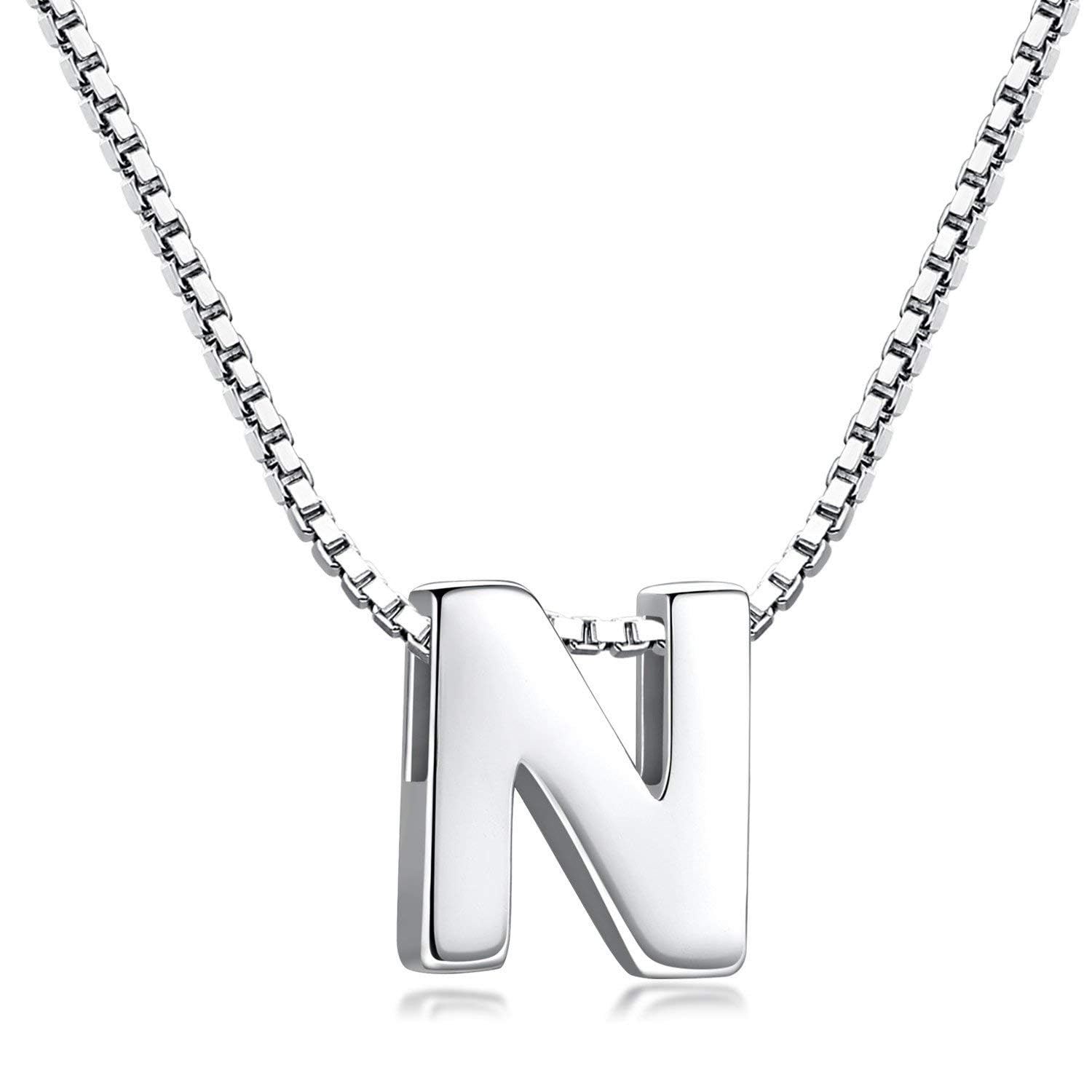 Candyfancy 1.0mm 18 inch 925 Sterling Silver 26 Small Letters Alphabet A-Z Initial Pendant Box Chain Necklace (N with Chain) — image 1