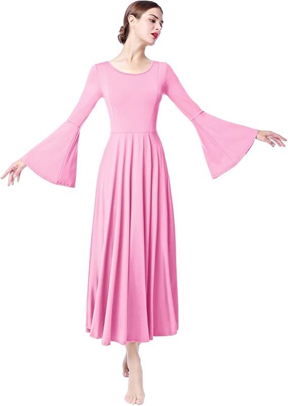FYMNSI Women Liturgical Praise Dance Dress Adult Round Neck Bell Long