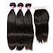 QinMei Brazilian Straight Hair 3 Bundles With Closure 4×4 Lace Closure With Bundles 100% Unprocessed Virgin Straight Human Hair Extensions Swiss Closure Weave Weft Natural Color (12 14 16 +10 Closure)