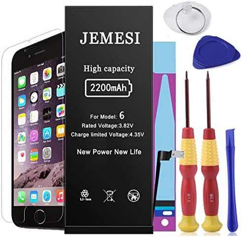 JEMESI Battery for Model iPhone 6, New 0 Cycle of 2200mAh Li-ion Battery Replacement-with Repair Tool Kits,Instructions and Screen Protector [12-Month Warranty]