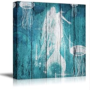 Canvas Wall Art Cartoon Beautiful Mermaid Painting Artwork for Home Prints Framed - 12x12 inches