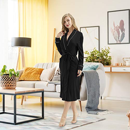 Women Robe Soft Bathrobe Cotton Kimono Long Sleepwear Lounge Wear - Lightweight Cotton House Coat Cardigan - Black, XL - Thumbnail 4