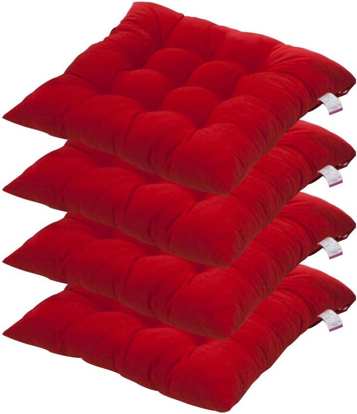 sokey 4 x Padded Cushion Chair Seat Pads With Ties,On Seat Pad for Garden Patio Kitchen Dining, 40x40x5 cm (Red)