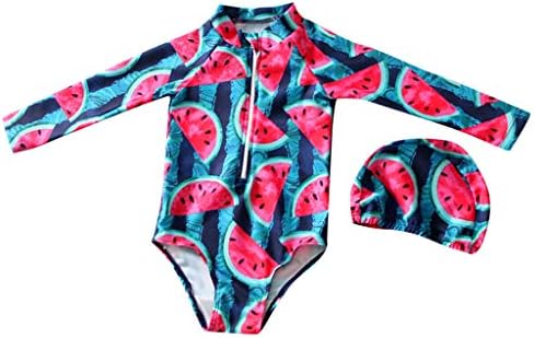 Beach Swimsuit for Baby Girl Long Sleeve Fruit Sun Protection Rashguard Swimwear with Hat