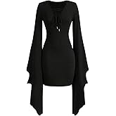 Floerns Women's Gothic Bell Long Sleeve V Neck Lace Up Short A Line Dress