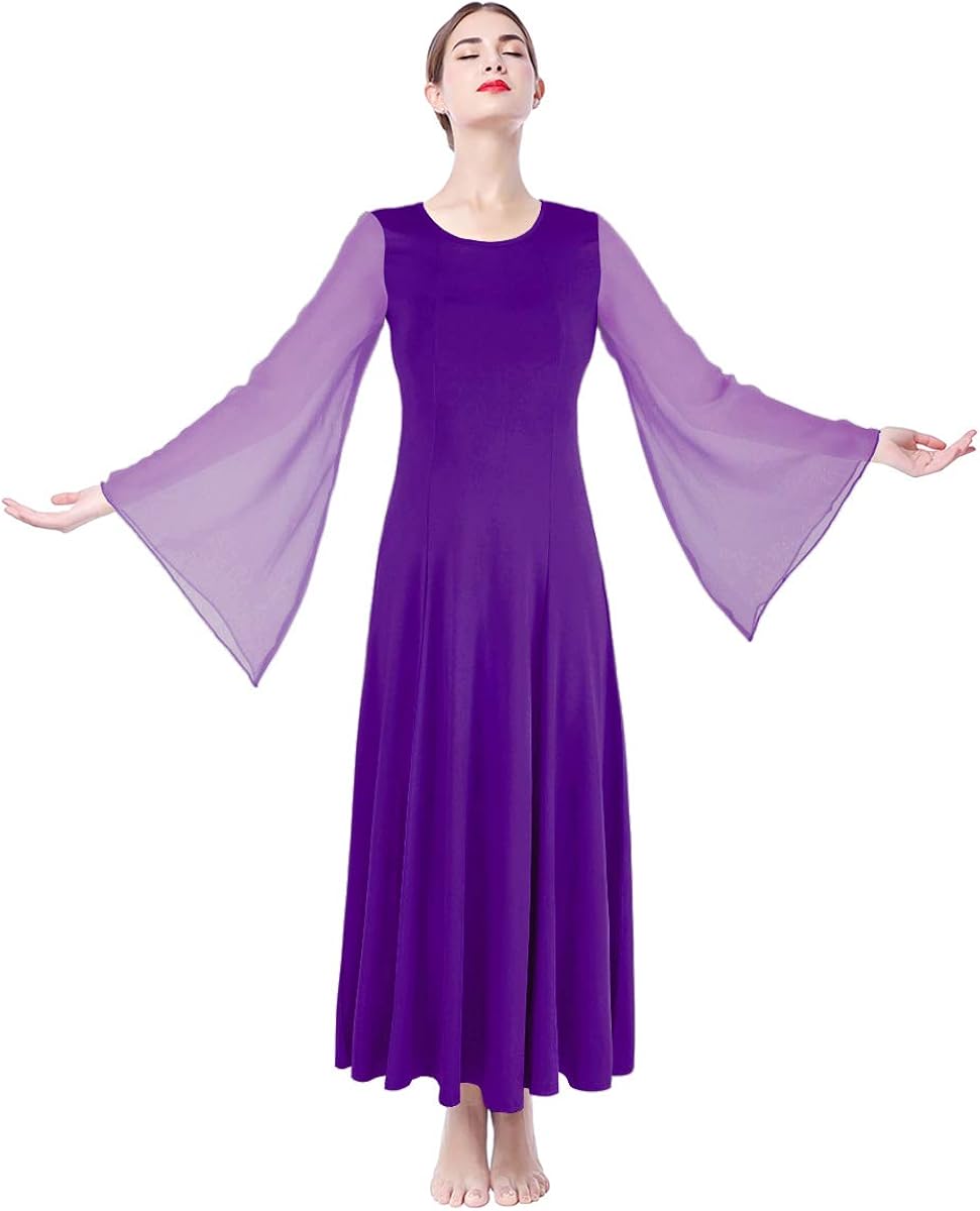 Women Chiffon Angel Sleeve Praise Dance Dress Liturgical Full Length Gowns Church Christian
