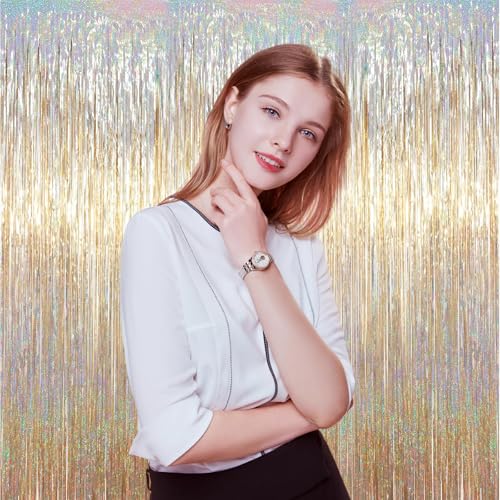 3 Pcs Champagne Gold Tinsel Curtain Backdrop, Tinsel Streamers Party Decorations, Fringe Backdrop for Birthday, Champagne Foil Fringe Backdrop Curtains for Anniversary Wedding Supplies (3.28 x 6.56 ft
