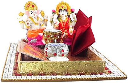 LOF Laxmi Ganesh Idol combo with Rectangular Decorative Designer Tray, set of 3 Handmade Designer Candles and Pooja Samagri For Diwali Festival