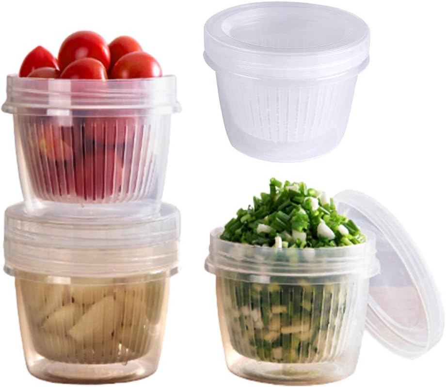 JNN Food Storage Container, 4-Pack Plastic Portable Freezer Storage Containers with Removable Drain Plate and Lid, Stackable - Tray to Keep Fruits, Vegetables, Meat