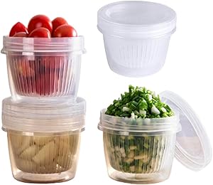 JNN Food Storage Container, 4-Pack Plastic Portable Freezer Storage Containers with Removable Drain Plate and Lid, Stackable - Tray to Keep Fruits, Vegetables, Meat