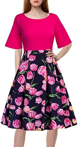 Long Skirt Dresses, Elogoog Women's Vintage Floral Printed Patchwork Half Sleeve Casual Elegant A-Line Evening Party Dress