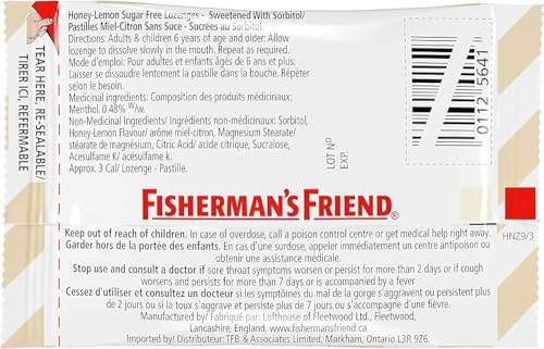 Fisherman’s Friend – Sugar Free Honey-Lemon | For Temporary Relief of Cough, Sore Throat & Nasal Congestion | No Sugar | Halal, Vegan, Kosher & Gluten Free | 8 Packs of 22 Lozenges (176 Total Count)