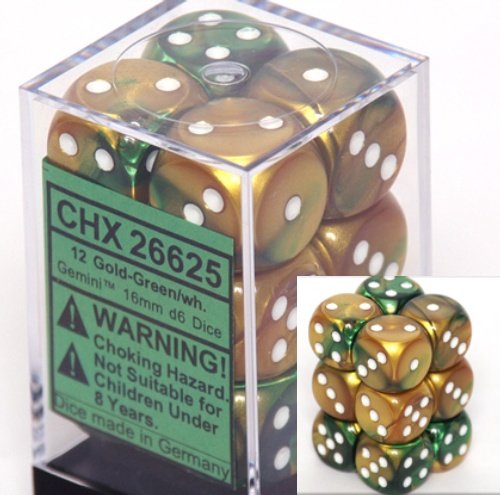 Gemini 16mm d6 Gold-Green w/white Dice Block 12 pipped dice