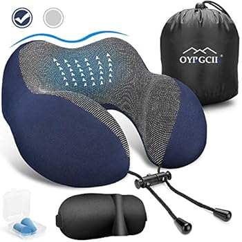 OYRGCIK Travel Pillow, 100% Pure Memory Foam Neck Pillow, Soft & Breathable Cotton Cover, Machine Washable Airplane Travel Kit U Shaped Pillow with 3D Contoured Eye Mask, Earplugs, Travel Bag, Blue