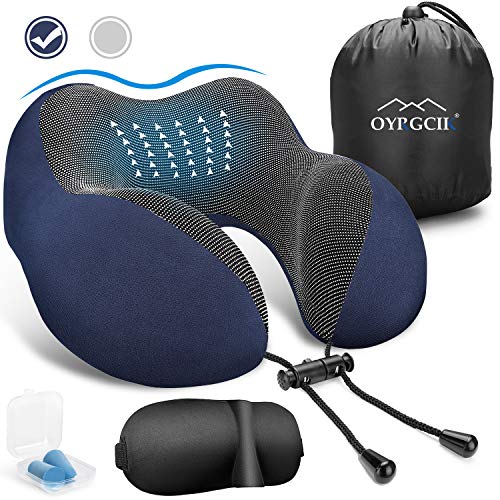 OYRGCIK Travel Pillow, 100% Pure Memory Foam Neck Pillow, Soft & Breathable Cotton Cover, Machine Washable Airplane Travel Kit U Shaped Pillow with 3D Contoured Eye Mask, Earplugs, Travel Bag, Blue