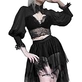 Women Goth Tops Punk Cover Ups Mesh Crop Top See Through Sexy Long Sleeve Blouse Y2k Black Rave Outfit Festival