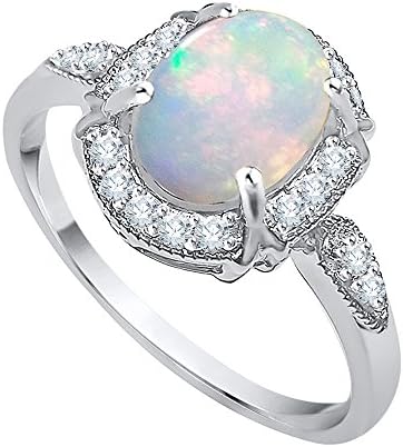 Diamond and Oval Cut Opal Fashion Ring in 10K White Gold (1 cttw) (GH Color, I2-I3 Clarity) (Size-4)