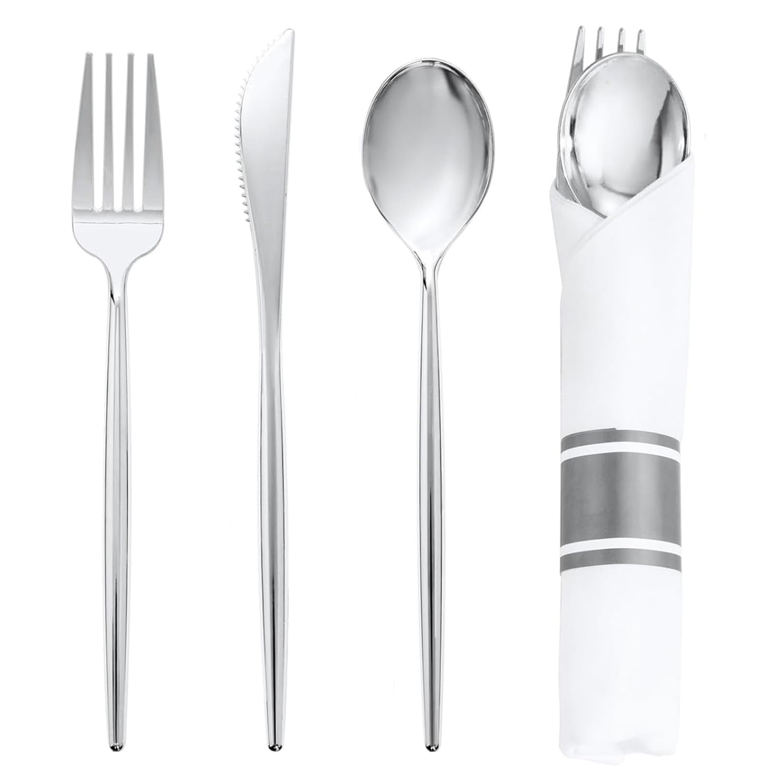 Photo 1 of SUT 50 Pack Pre Rolled Silverware Set Disposable, 200 Pcs Silver Plastic Utensils Include 50 Forks, 50 Knives, 50 Spoons and 50 Napkins, Plastic Cutlery, Wrapped Silverware Set Disposable for Party