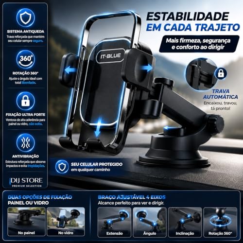 Suporte Celular Veicular para Carro 360° Premium, Ventosa Ultra Forte, Antivibração, Sistema Antiqueda Reforçado, Ajuste 4 Eixos, Fixação Firme no Painel e Vidro, Compatível com Todos Celulares