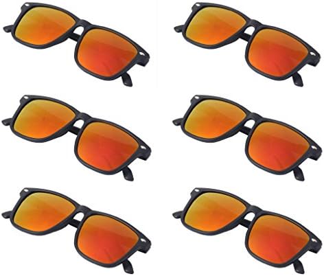SCLM Mirror Lens Spring Hinge Lightweight Wayfarer Party Sunglasses (Pack of 6) (Gold Red, Black)