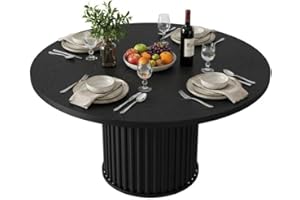 47 Inch Round Dining Table for 4-6, Modern Kitchen Table with Wavy Metal Pedestal Base, Sturdy Wood Top Space Saving Dinner T