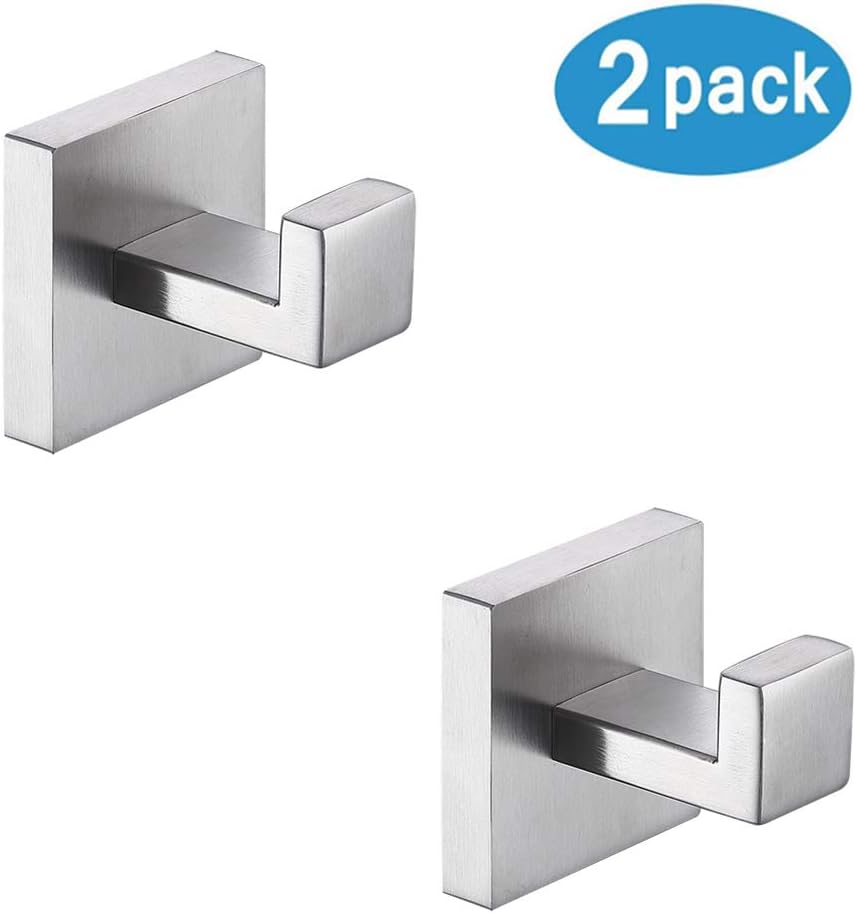 TASTOS Bath Towel Hooks Brushed Nickel, 2 Pack Stainless Steel Robe Coat and Clothes Hook, Heavy Duty Wall Hook for Bathroom & Kitchen, Modern Square Style Wall Mounted (Silver) - - 