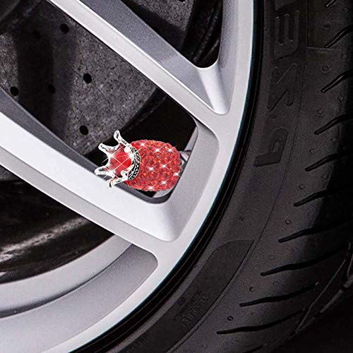 Valve Stem Caps, 4 Pack Handmade Crystal Rhinestone Universal Car Tire Valve Caps Chrome,Attractive Dustproof Bling Car Accessories - Red Diamond Crown