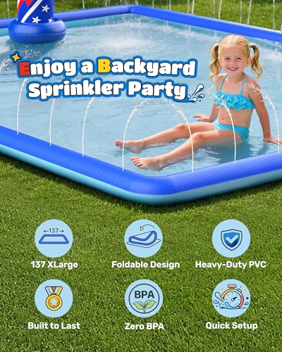ODOSOLA 137x118'' Large Splash Pad for Kids 3-12 & Dogs, 2-in-1 Sprinkler Pad with Basketball Hoop/Ball Toss, Thickened Non-Slip Water Mat, Foldable Outdoor Summer Toy for Backyard/Pool/Beach