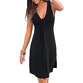 Womens Summer Casual Deep V Neck Sun Beach Dresses Empire Wasit Swing Vacation Sleeveless Front Knot Tank Dress