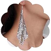 Allereyae Vintage Metal Mesh Earrings Grid Sequins Dangle Earrings Long Tassel Sequins Drop Earrings Lightweight Mesh Hook Earrings Jewelry for Women (Gold)