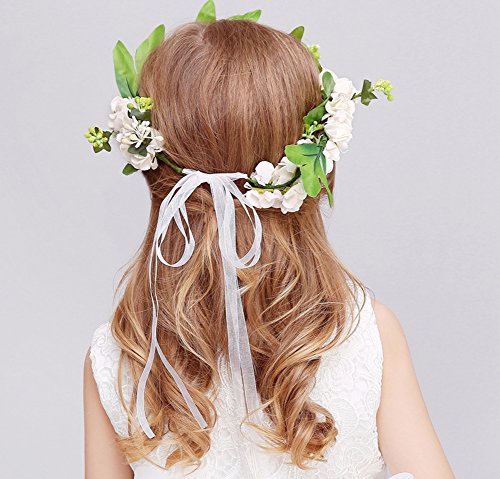 KSDN Wedding Flower Girls Headpiece Halo Garland Hair Wreath With Wrist Band White