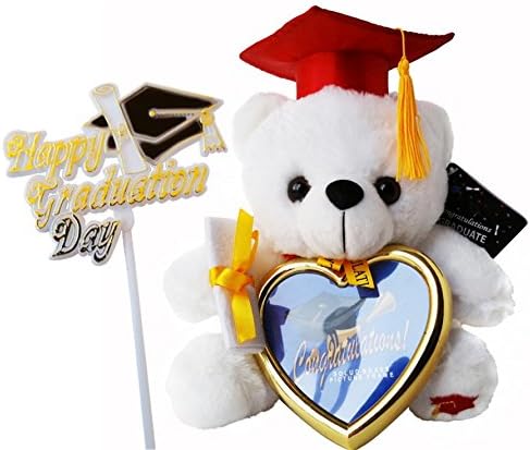 Best Graduation 2017 Extra Plush Animal Teddy Bear with Red Cap Diploma Holding a Gold Heart Picture Frame (White Color 7"x8"x6") & Graduation Pick Red
