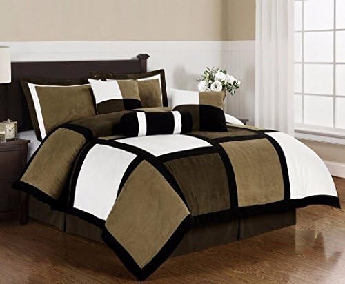 QC Tech Black Brown White Microsuede Patchwork 7-Piece Duvet Cover Set Queen